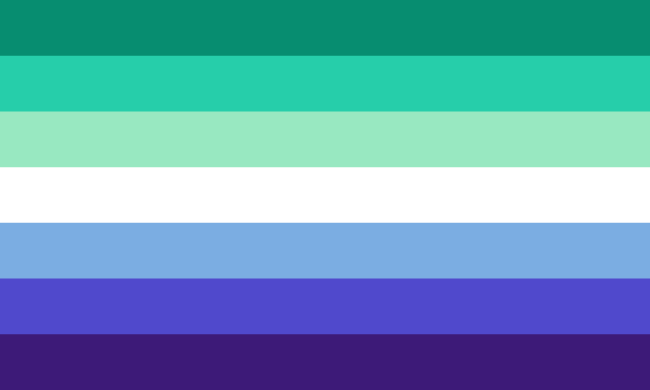 Die Gay Men's Pride Flag besteht aus Blautönen und Weiß. Dunkelblau symbolisiert Ehrlichkeit, Blaugrün steht für Frieden, Hellblau für Liebe, und Weiß repräsentiert Geschlechtsvielfalt.